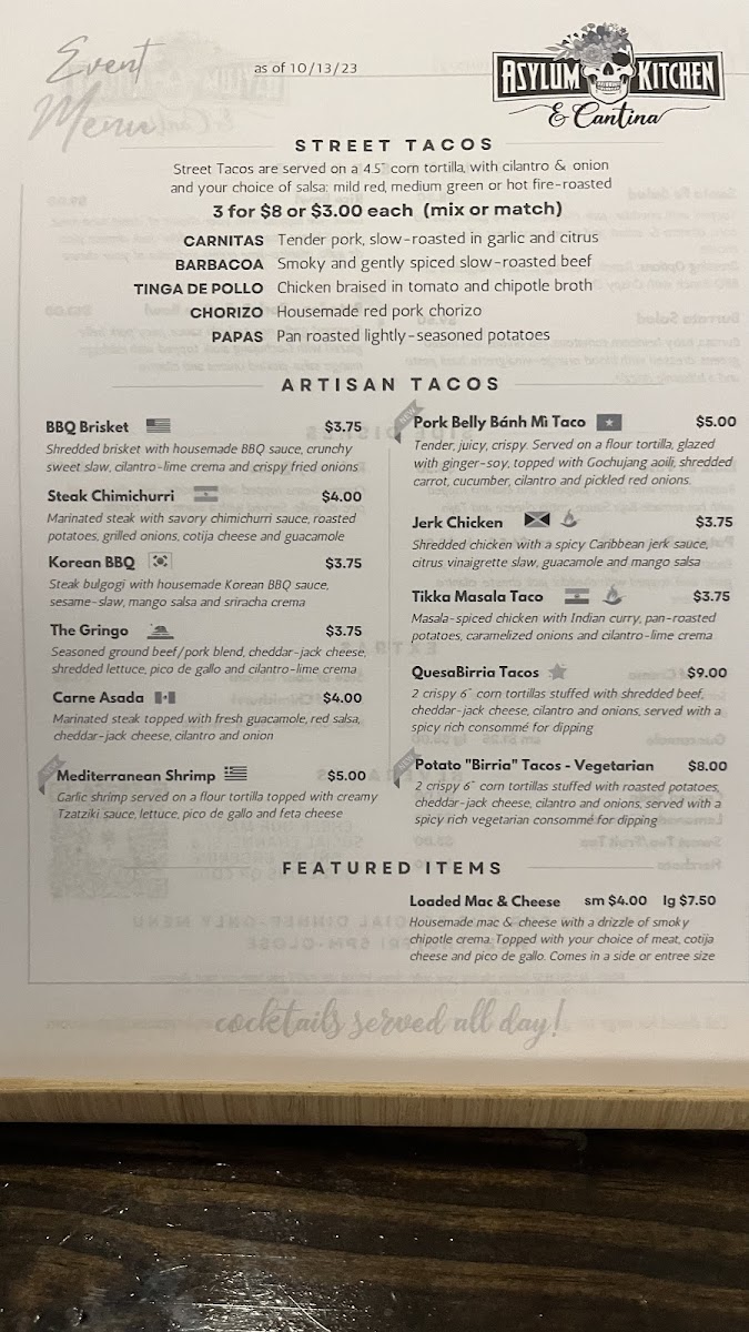 Asylum Kitchen & Cocktail Lounge gluten-free menu