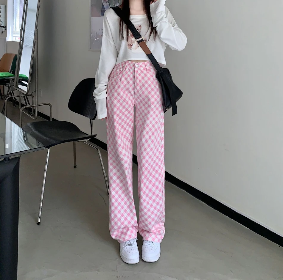 Jean femme décontracté à carreaux, ample et amincissant, coupe décontractée pour un confort optimal, parfait pour un look quotidien et stylé, pour toutes les femmes.