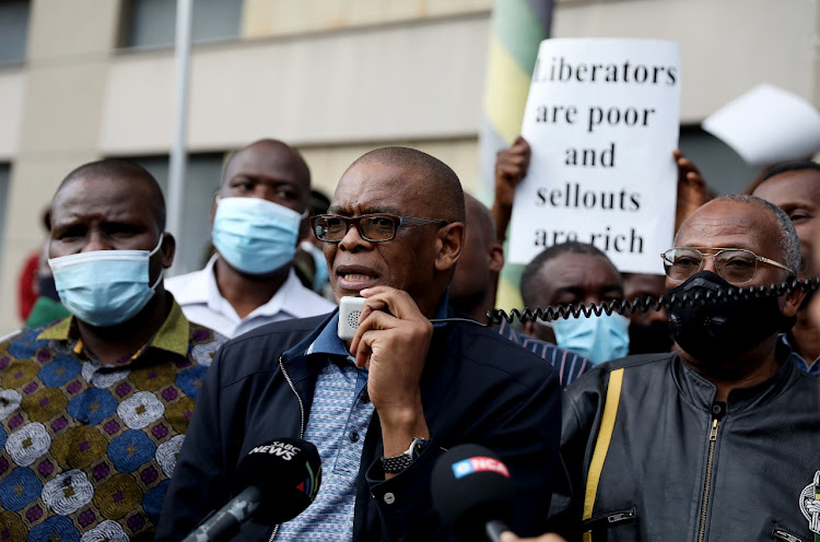 ANC KZN secretary Mdumiseni Ntuli, ANC secretary-general Ace Magashule and MKMVA president Kebby Maphatsoe address MK veterans in Durban on Tuesday.