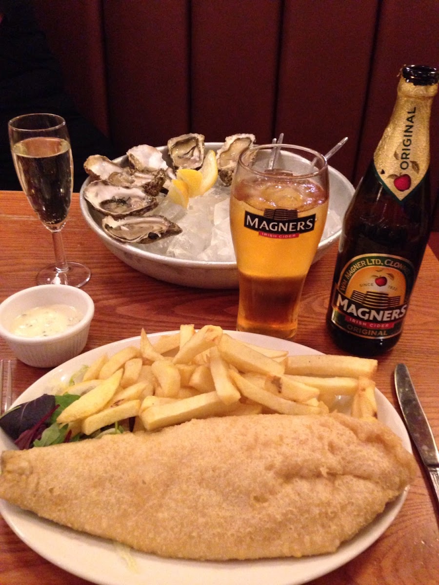 Halibut in a gluten free batter, fries from a dedicated frier and Magners Irish cider.