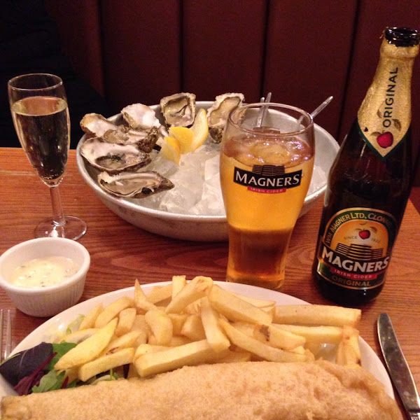 Halibut in a gluten free batter, fries from a dedicated frier and Magners Irish cider.