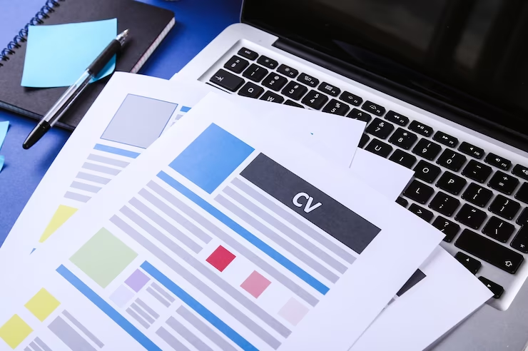 A neatly arranged desk with resumes, symbolising the importance of refining your resume for gaining economics work experience as a Year 12 student.