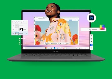 ピンクの花柄のシャツを着た女性の写真が、Chromebook の Photoshop で編集されています。