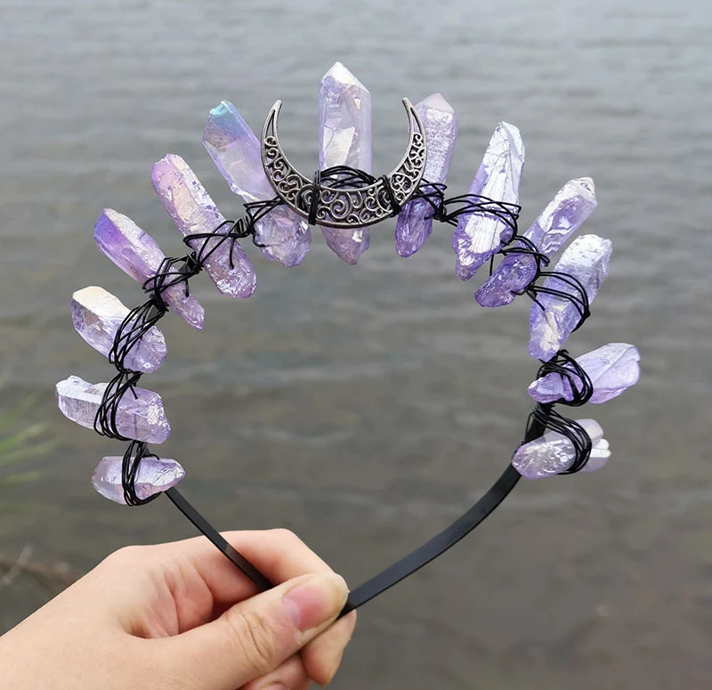 Serre-tête de Sorcière en Cristal Naturel Electroplaqué Givré, Élégance Mystique pour un Look Enchanté, L'accessoire Parfait pour un Style Magique.