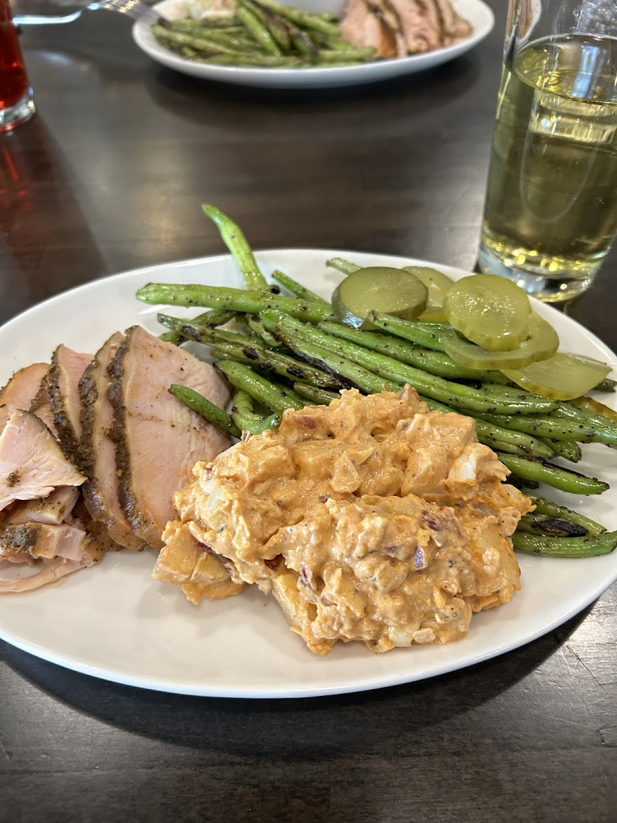 Turkey, bbq potato salad, green beans, pickles, and a hard cider 😋