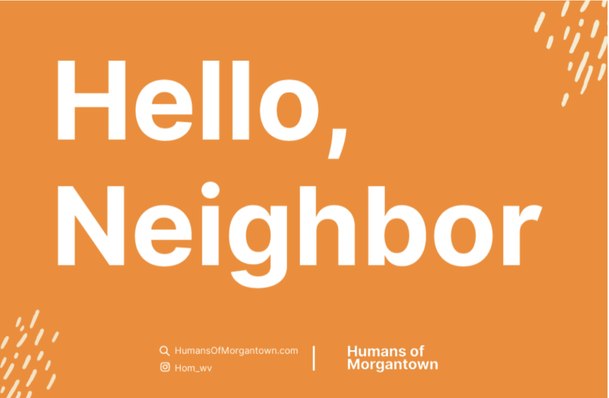 Orange sign with white text that reads "hello, neighbor"