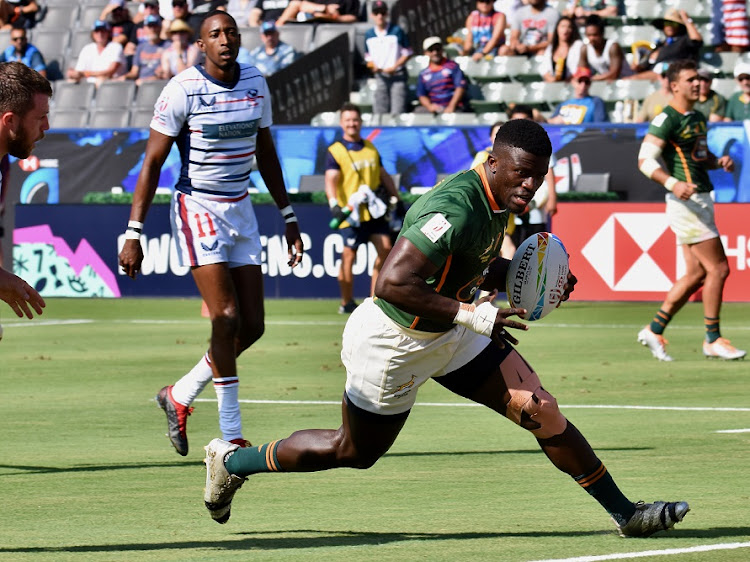 Sako Makata of SA during the match against USA on day 1 of the Los Angeles Sevens at Dignity Health Park in Los Angeles on August 27 2022.