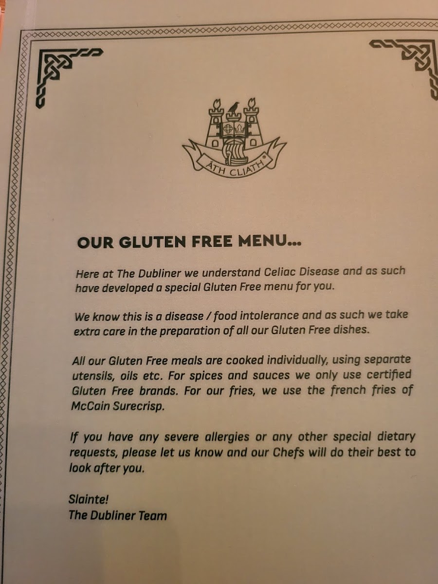 The Dubliner gluten-free menu