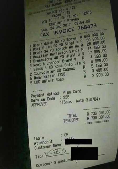 The slip of the almost R740,000 purchase of alcohol has been doing the rounds on social media.