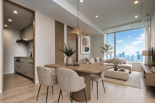 Open dining and living room with view - Luxury property for sale in Minato City, 2 bedrooms