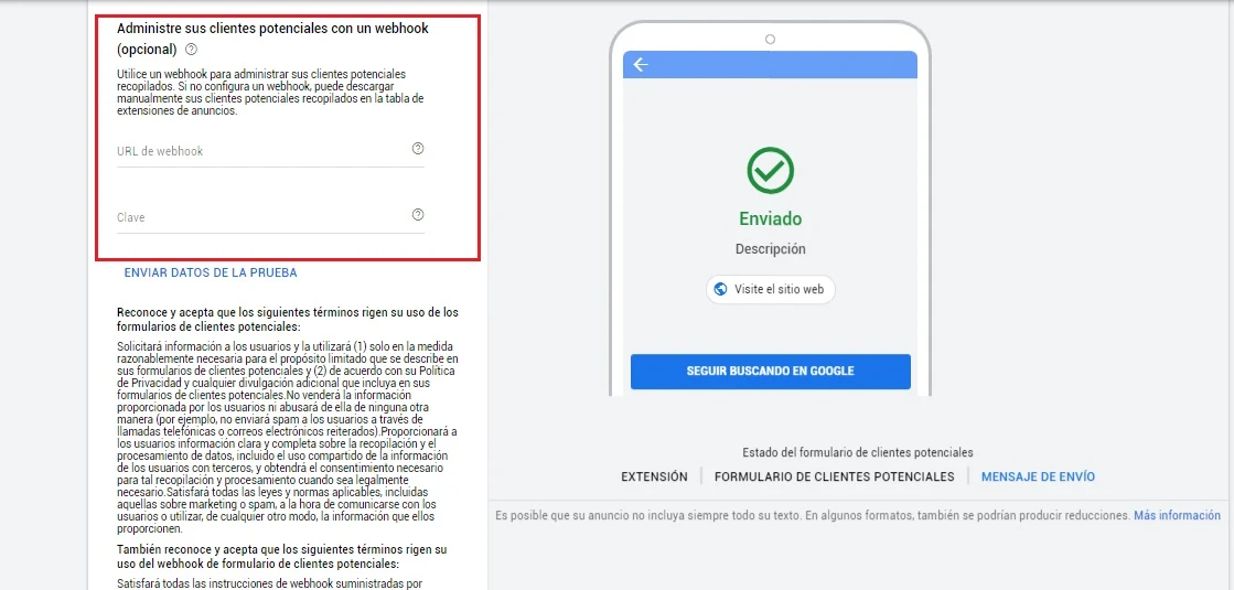 Integración con API Webhook para formularios de clientes potenciales en Google Ads