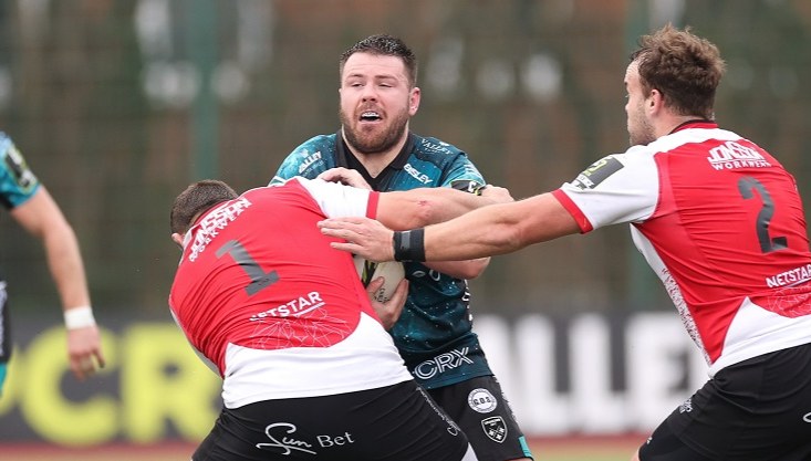 Rob Evans of Dragons takes on JP Smith of Emirates Lions during their EPCR Challenge Cup match in Ystrad Mynach, on January 22, 2023 in Ystrad Mynach, Wales. Picture: GARETH EVERETT/GALLO IMAGES