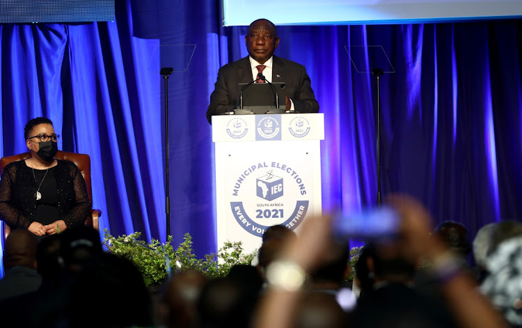 President Cyril Ramaphosa speaking during the announcement of the final results of the 2021 local government elections at the IEC results centre in Pretoria.