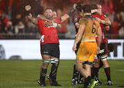 Jordan Taufua of the Crusaders celebrates winning Super Rugby final against the Jaguares at Orangetheory Stadium on July 6 2019 in Christchurch, New Zealand. 