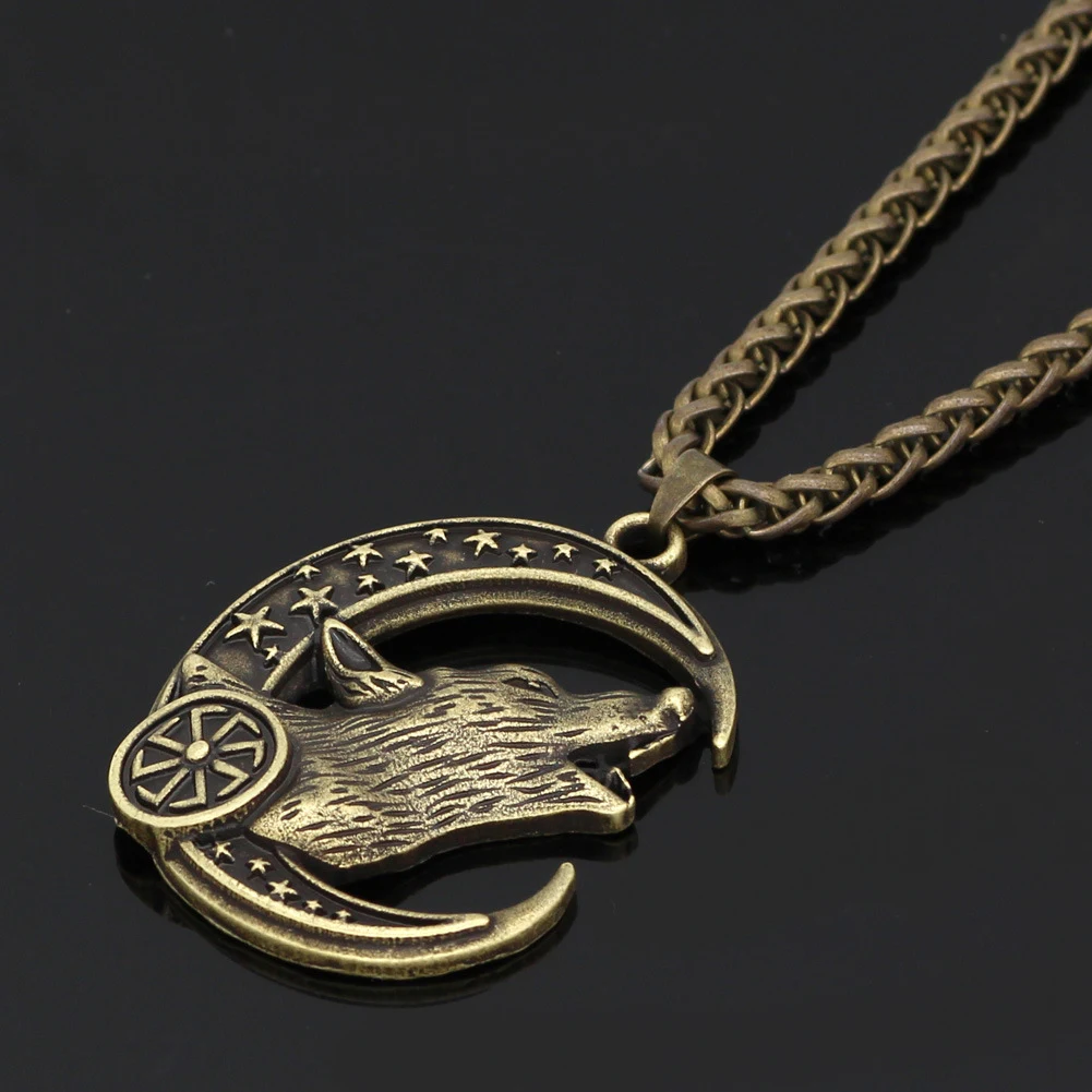 Title 4, Heren Vintage Wolfskop Maan Hanger Ketting, een...