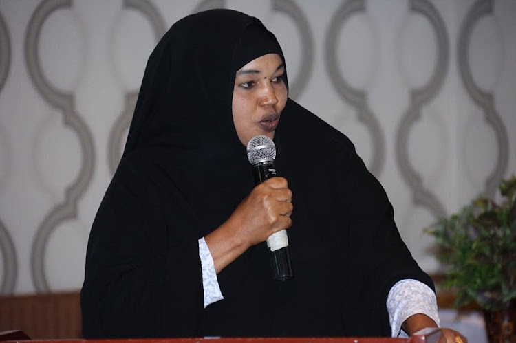 Garissa women representative Anab Gure speaking at a function in Garissa town on Thursday.