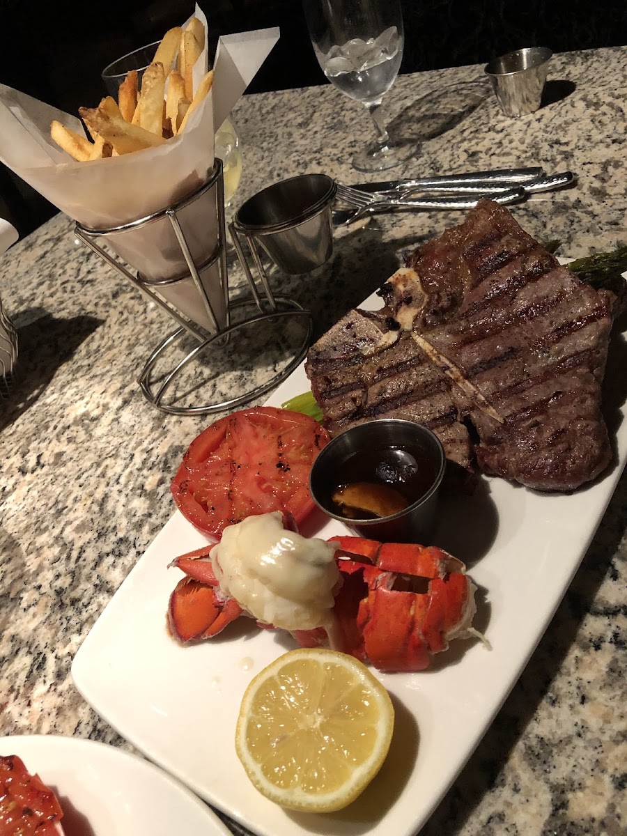 Lobster and t bone fathers day special. Fries from shared fryer.