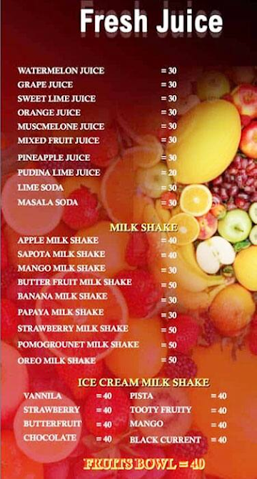 Vinayaka fresh juice & ice menu 