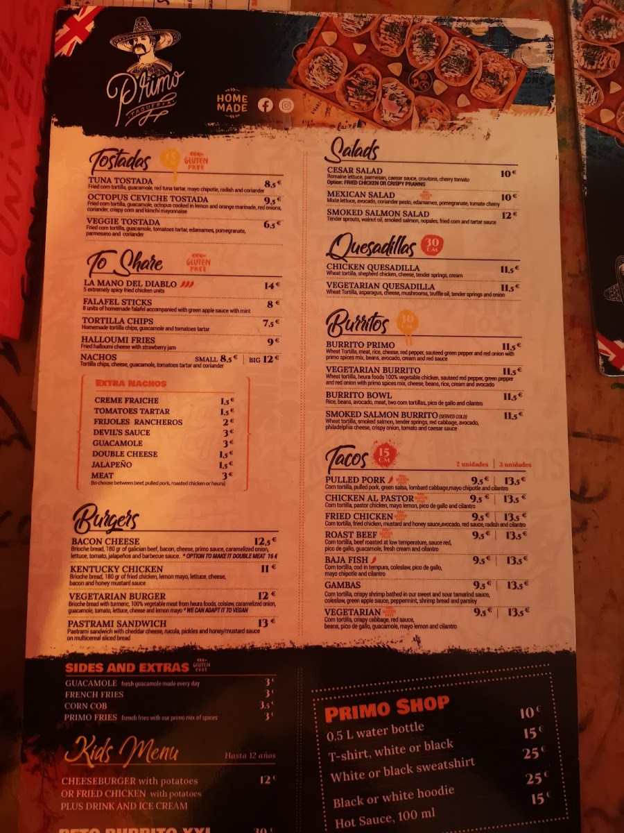 Primo Taquería gluten-free menu