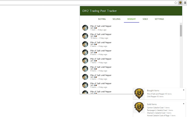 Guild Wars 2 Trading Post Tracker chrome extension