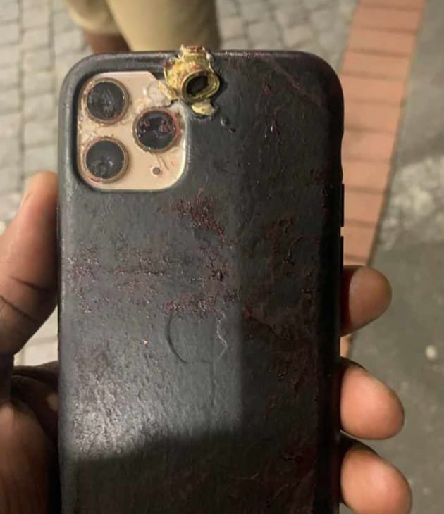 Mqadi's iPhone 12 with shrapnel from a bullet as a result of the attempted assassination on his life on Thursday