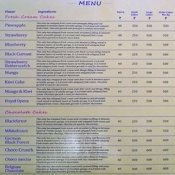 The Cake World menu 