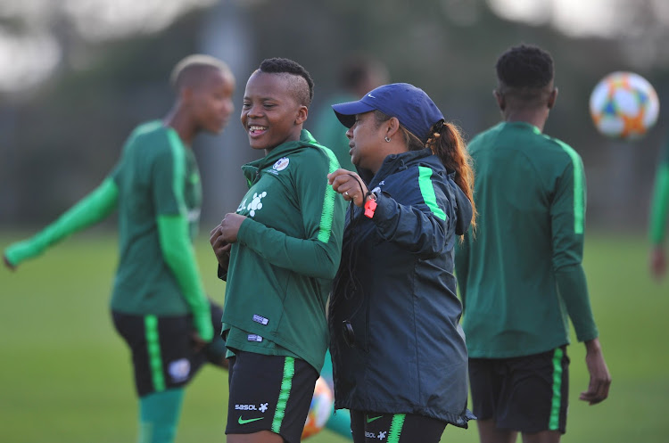 Banyana Banyana striker Thembi Kgatlana (left) and coach Desiree Ellis during one of the national team's training sessions.