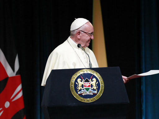 A file photo of Pope Francis giving an address at State House, Nairobi. /MONICAH MWANGI