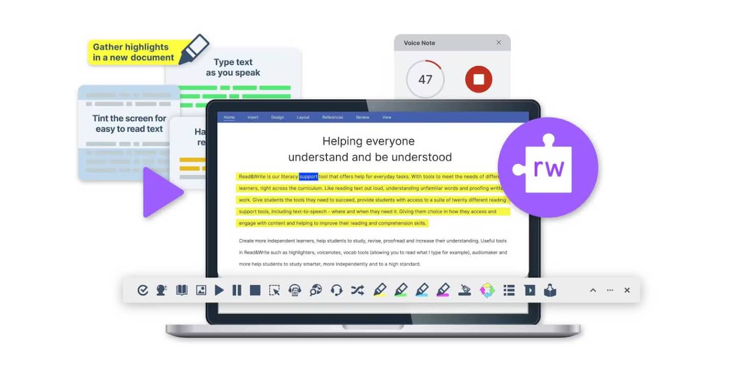 Un portátil muestra un documento de texto con Read&Write. El primer párrafo aparece resaltado en amarillo y la palabra 'support' está resaltada en azul.