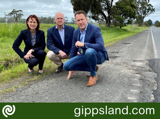 MPs Melina Bath, Danny O'Brien and Matin Cameron at the neglected road Latrobe Valley Brown Coal Mine Road by the Andrews Labor government