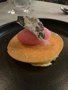 Upside down lemon tart and purple shiso sorbet served with Mullineaux Staw Wine 2020. 