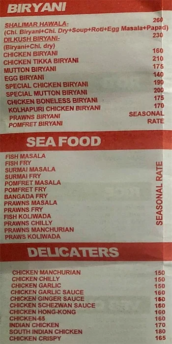 Shalimar Restaurant menu 