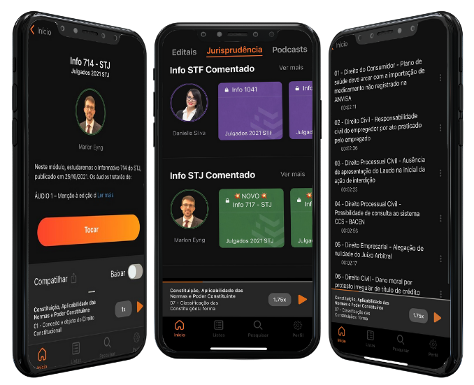 Celulares abertos no aplicativo EmÁudio Concursos mostrando os informativos do STJ disponíveis