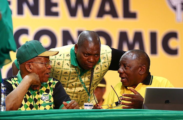 Outgoing ANC president Jacob Zuma, Treasurer General Dr Zweli Mkhize and ANC Presidential hopeful Cyril Ramaphosa at the 54th national elective conference at Soweto's Nasrec Expo Centre.