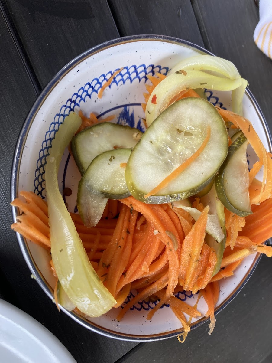 "Camp pickles," which includes pickled carrots, and is on the GF menu. Yum!