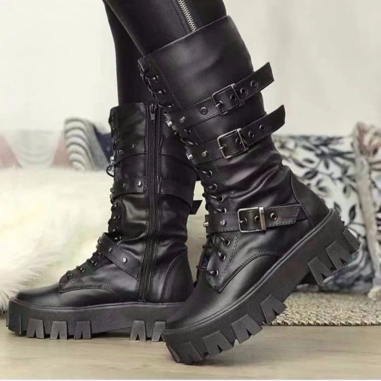 Women's Buckle Lace-up Side Zip Punk Mid Boots – Edgy Style, Comfortable Fit, and Easy On and Off for Everyday Wear.