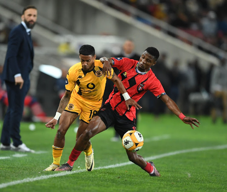 Dillan Solomons of Kaizer Chiefs and Sphiwe Mahlangu of TS Galaxy during their DStv Premiership match at Peter Mokaba Stadium in Polokwane on Tuesday.