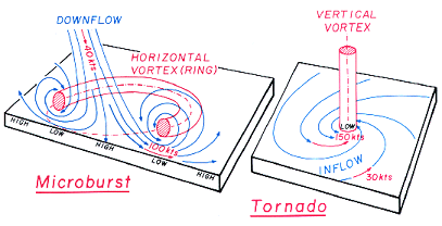 A comparison of the inflow around a tornado and outflow associated with a downburst