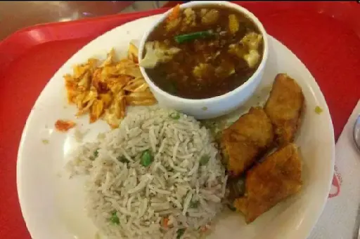 Veg Manchurian Gravy [5 Pieces] With Rice And Spring Roll