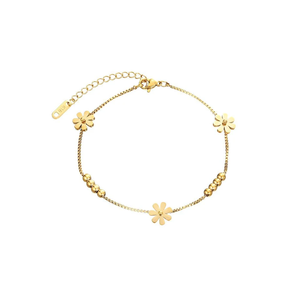 Tornozeleira feminina de aço titânio com pequenas contas de transferência, elegante e duradoura, ideal para complementar looks.