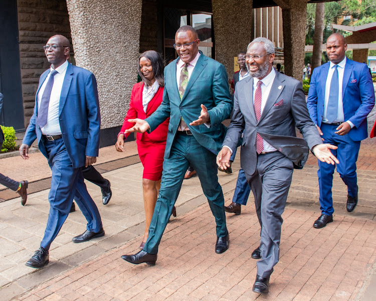 University of Nairobi Vice Chancellor Stephen Kiama with Information, Communication and Technology Cabinet Secretary Eliud Owalo and his colleagues at the University of Nairobi for the launch of University ICT systems on March 26, 2024.