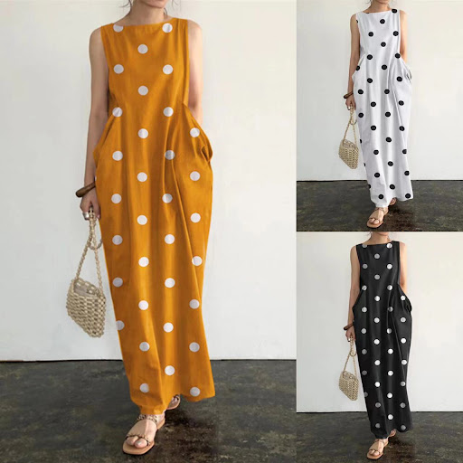 Title 6, Printed Pocket Loose Casual Round Neck Dress of...
