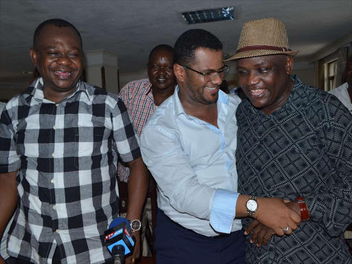 Jomvu MP Badi Twalib, Mombasa Senator Hassan Omar and Nyali MP Hezron Awiti at the Royal Court Hotel, Mombasa, yesterday / JOHN CHESOLI