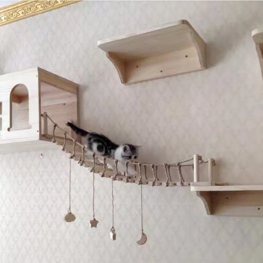 1 Piece Cat Tree Wall Mounted Cat Bridge and Scratching Post Cat Hammock with Stairway for Kitten Climbing Playing and R