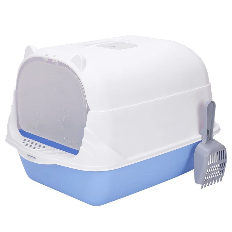 Bac à litière géant anti-éclaboussures pour chat, avec sable. Confort et propreté assurés, solution idéale pour votre animal de compagnie.