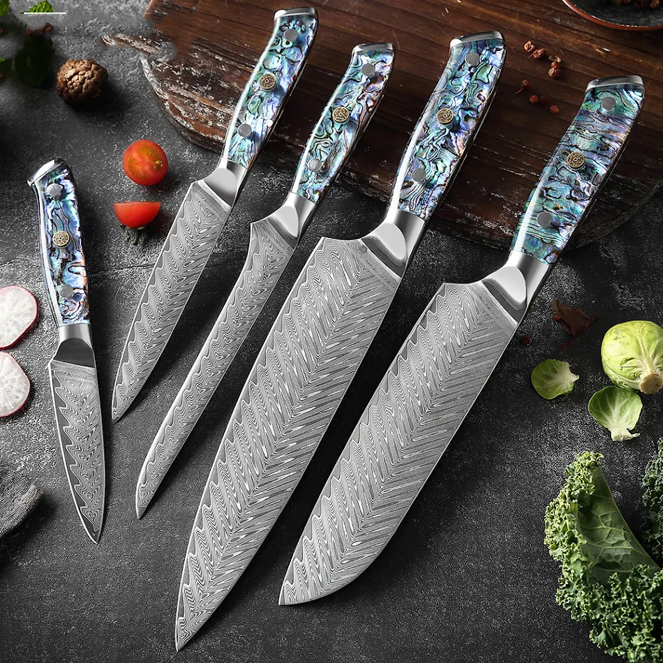 Damastmessen met Abalone Schelp Handvat