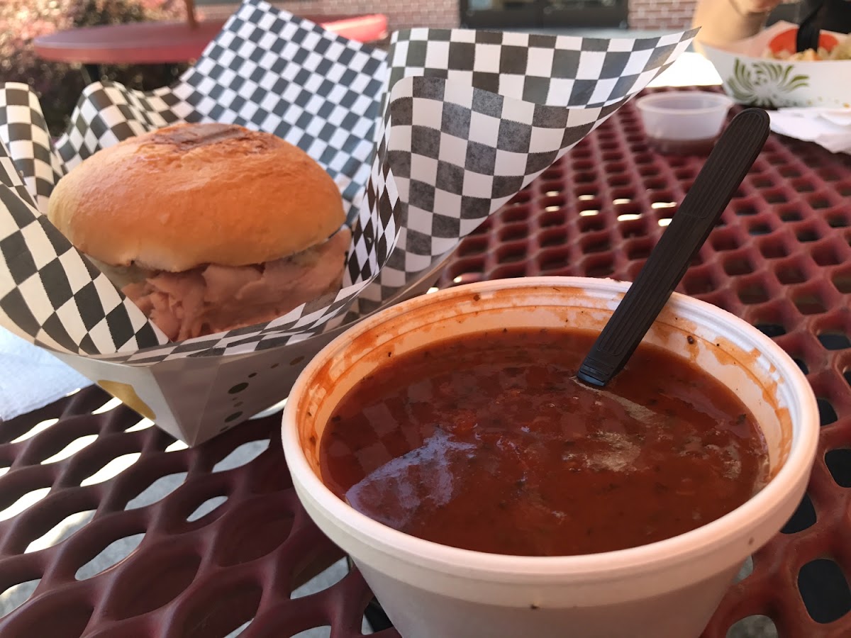 Turkey Reuben on a gluten free bun and tomato soup.