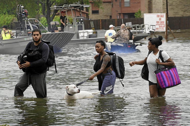 Survivors make their way to a staging area to evacuate from flood waters in Dickinson, Texas.