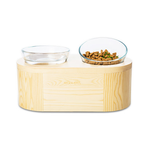 Title 4, Solid wood double bowl glass cat bowl. A stylis...