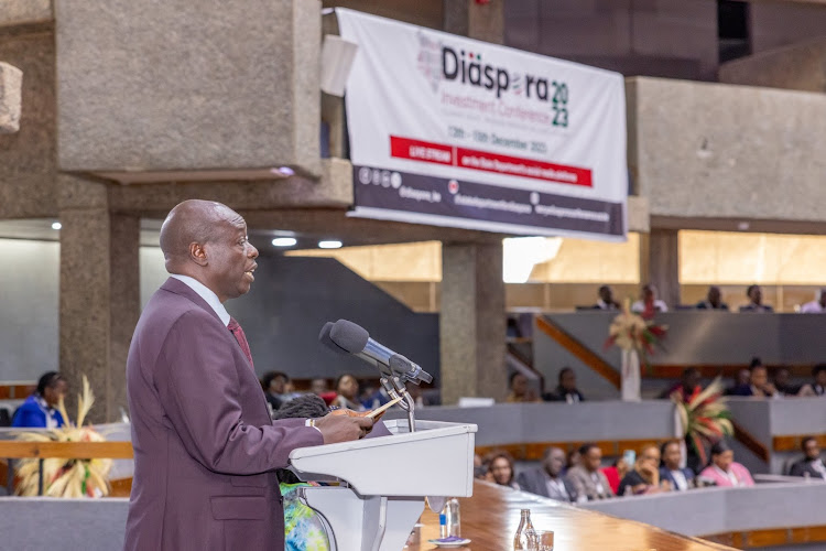 Deputy President Rigathi Gachgua speaks at the close of the three-day Diaspora Investment Conference 2023, at the Kenyatta International Convention Centre, Nairobi, December 15, 2023.